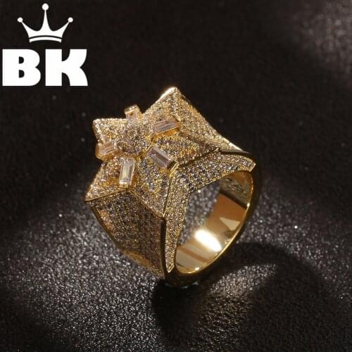 THE BLING KING Five-pointed star stamens Cubic Zirconia Ring for Men Prayer Jewelry Gold Tone Crucifix Rings Size 8-12