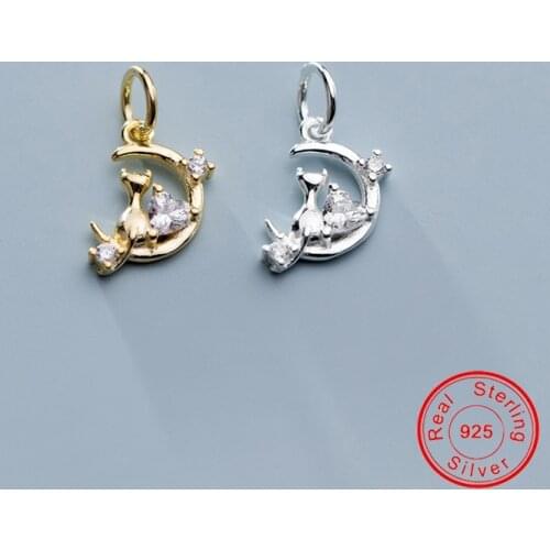 UQBing Silver Color Clear CZ Stone Cat & Moon Dangle Charms For Women Jewelry Findings