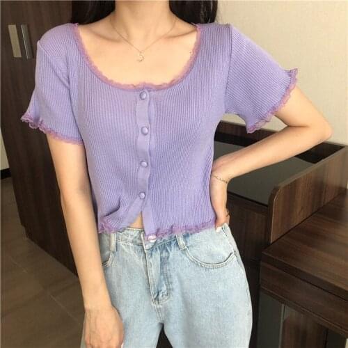 O Neck Ruffles Short Sleeve T Shirt Women Summer Casual Button Crop Top Basic Blue Pink T Shirt Tops