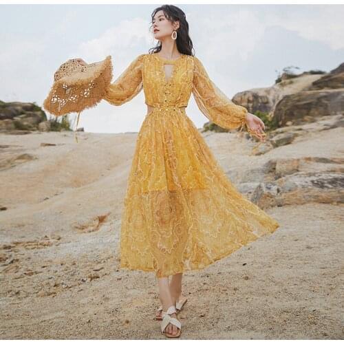 High waist Women Clothes 2020 bohemian Yellow sunscreen Nine points sleeve beach dress O Neck seaside holiday Dress 824C