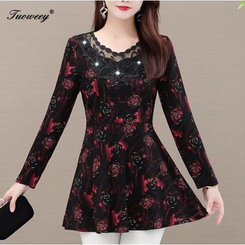 New Arrival Fashion autumn long sleeve patchwork lace asual Shirt Female Casual see through Plus Size elegant Printed Blouse