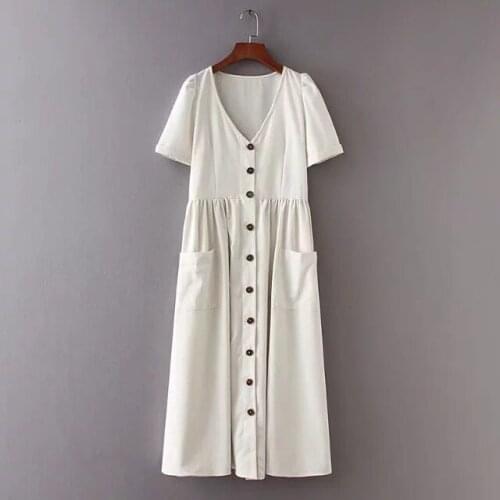 2020 Spring New Arrival Women Dresses Slim V Neck Single Breasted Pockets Decorated Cotton Short Sleeve Dress Free Shipping