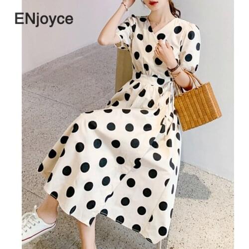 Women Pot-dot V-neck White Short Sleeve Maxi Dress Korean Style Elegant Casual A-line Beach Party Long Dresses Summer 2021