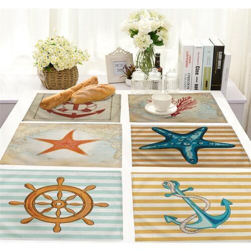 1Pcs Marine Style Anchor Pattern Placemat Table Mat Drink Coaster Cotton Linen Pad Dish Cup Mat 42*32cm Kitchen Accessory MS0019