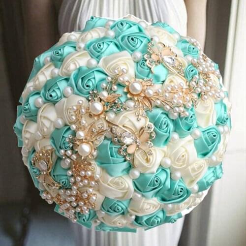 1PCs /lot Light Blue Artificial Ribbon Rose Wedding Bouquet For Wedding Party