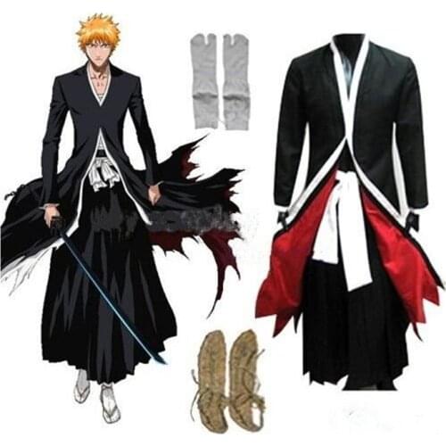 Stock! Free Shipping!AnimeBleach Ichigo Kurosaki Bankai Cosplay Costume