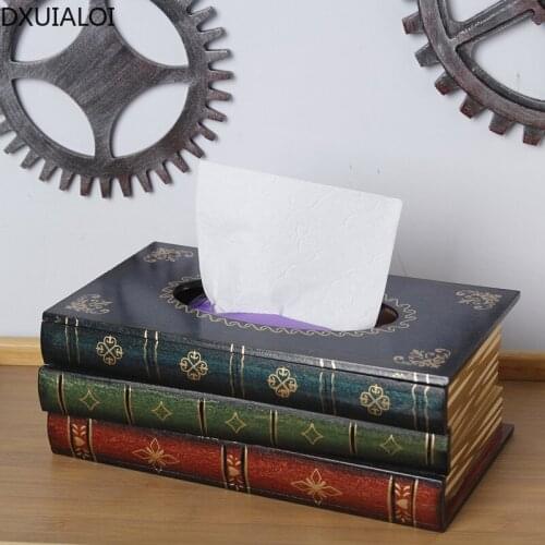 DXUIALOI Retro Creative Wooden Crafts Book Shape Tissue Box Home Living Room Desktop Restaurant Paper Pumping Box Decoration