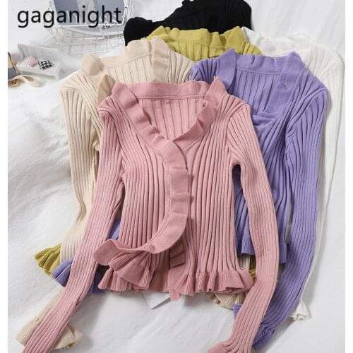 Gaganight Ruffles Women Solid Cardigan Sweet Girs Cropped Slim Sweater Knitted Stretchy Kardigan Spring Autumn Fashion Kardigans