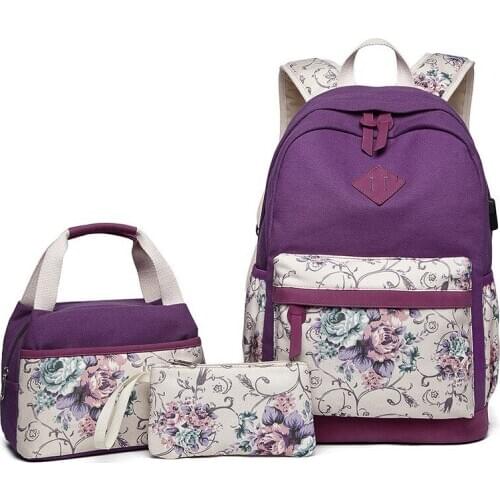 NEW 3 in1 set Floral Prints Primary School Student Satchel College Schoolbag for Middle School Girls Boys Canvas Women Backpack