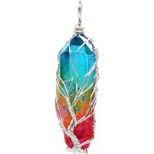 KFT Natural Titanium Coated Crystal Quartz Stone Pendant Silver Color Wire Wrapped Tree Of Life Irregular Shape Stone Jewelry