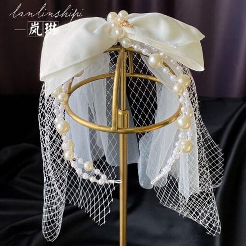 Korean Style Fairy Face Veil Hairbands White Bow Pearl Headband Bride Wedding Church Headwear Elegant Ladies Party Headpiece New