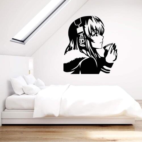 Beautiful Anime Girl Wall Sticker Drinking Coffee Headphones Decal Teens Bedroom Wall Decor Second element Stickers Cartoon