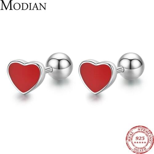 Modian Exquisite Hearts Red Enamel Stud Earrings 925 Sterling Silver Round Screw Bead Fashion Earring For Women Fine Jewelry