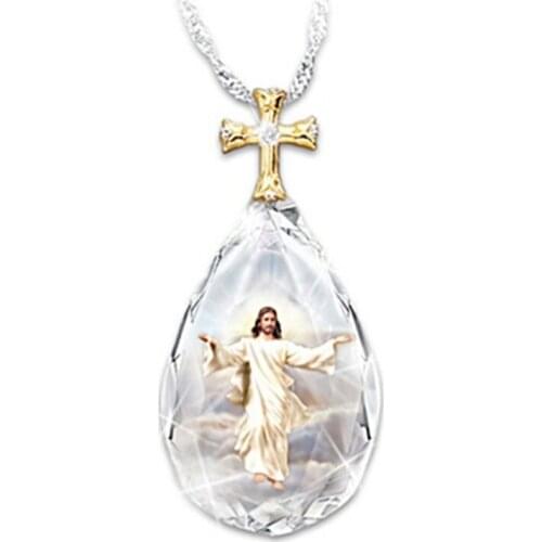 Golden Cross Drop Shaped Crystal Jesus Pattern Pendant Fashion Ladies Necklace Jewelry