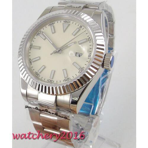 40mm BLIGER beige dial Sapphire Crystal Luminous SS Complete Calendar 21 jewels Miyota Automatic mechanical Mens Wristwatches