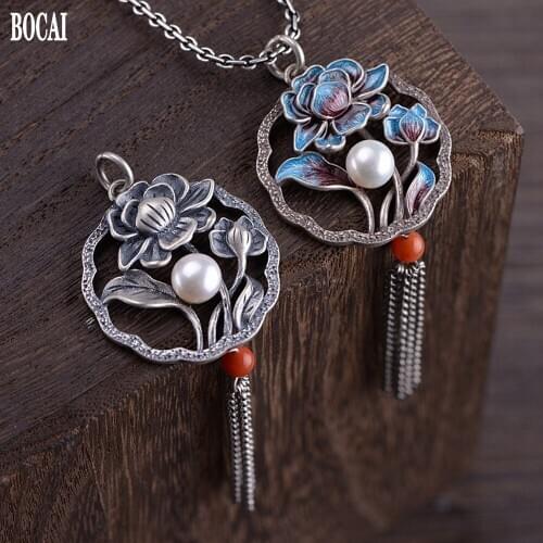 2020 new real S925 pure silver vintage Thai silver female pendant fashion cloisonné peony pearl tassel pendant for man
