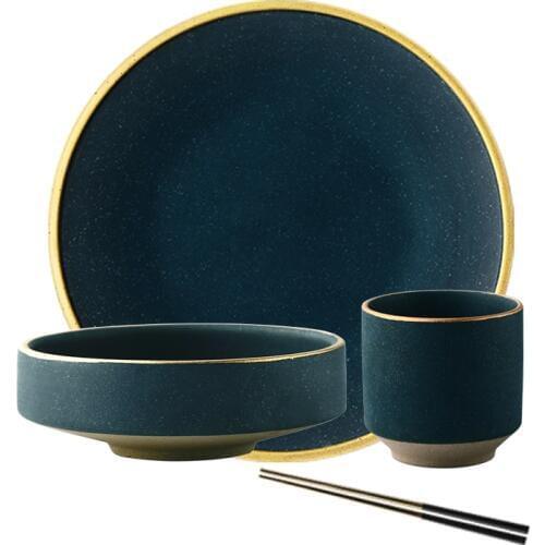 New Ceramic Gold Inlay Plates Steak Food Dish Nordic Style Retro Tableware Bowl Ins Dinner Plate Cup High End Dinnerware Set