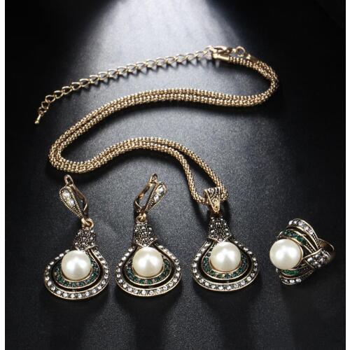 Turkish Style Bridal Faux Pearl Necklace Ring Earrings Jewelry Set Party Gift bisuteria mujer