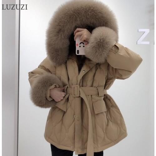 LUZUZI 2021 Winter Women Real Fox Fur 90% White Duck Down Coat Female Thick Hooded Puffer Jacket With Natural Fox Cuffs Parkas