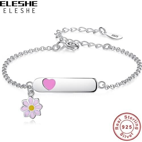 Authentic 925 Sterling Silver Pink Enamel Daisy Bracelet For Girls Kids Engraved Name Personalized Cute Jewelry