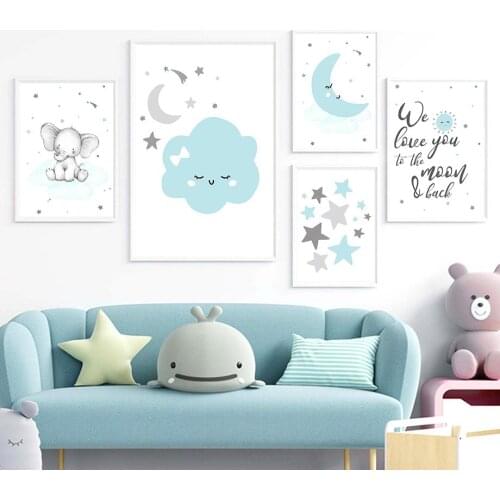 Elephant Canvas Poster Sun Moon Cloud Star Wall Art Painting Blue Cartoon Animal Art Print Nordic Kids Pictures Baby Room Decor