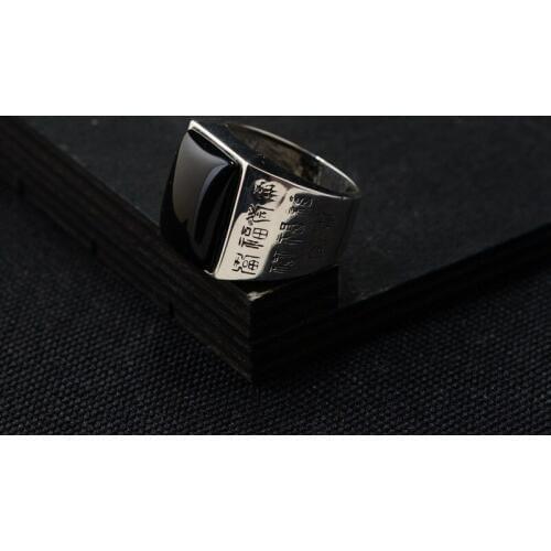 Real 925 Sterling Silver Mens Rings Engraved Different Notation Of Chinese Words Blessing Natural Onyx Stone Best Gift For Men