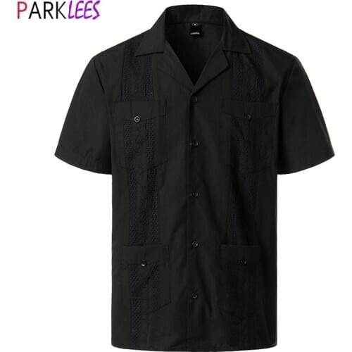 Black Traditional Cuban Camp Guayabera Shirts Men Short Sleeve Embroidered Loose Casual Beach Holiday Shirt With Revere Collar