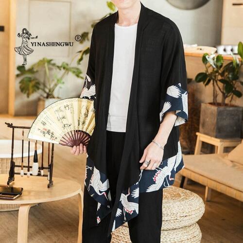 Print Shirt Long Coat Japanese Kimono Cardigan Men Yukata Long Haori Samurai Costume Kimono Jacket Mens Kimono Asian Clothing
