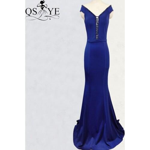 Navy Evening Dresses Mermaid Side Sleeves Prom Gown V neck Stretch Party Dress Crystal Bead Lace Tie Formal Dress Sweep Train