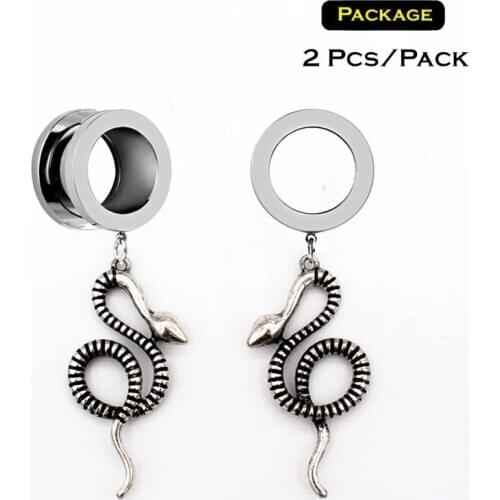 2 Pcs/Pack Screw-fit Cobra Snake Pendant Ear Tunnel Plugs Ear Gauges Flesh Piercing Stainless Steel Ear Expander Reamer 4mm-25