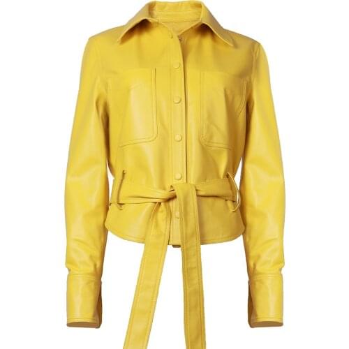 YOLOAgain Spring Women Single Breasted Real Sheepskin Genuine Leather Jacket With Belt