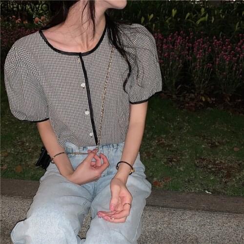 Femme Blusas Korea Chic Fashion Vintage Retro Plaid Single-Breasted Shirt Female Tops Puff Sleeve Summer Women Blouses