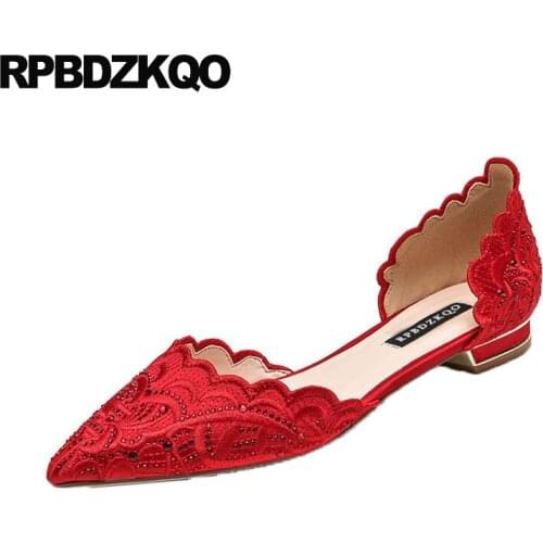 Women Chinese Wedding Shoes Beautiful Designer China Sandals Breathable Crystal Pointed Toe Shallow Red Flats Rhinestone Diamond