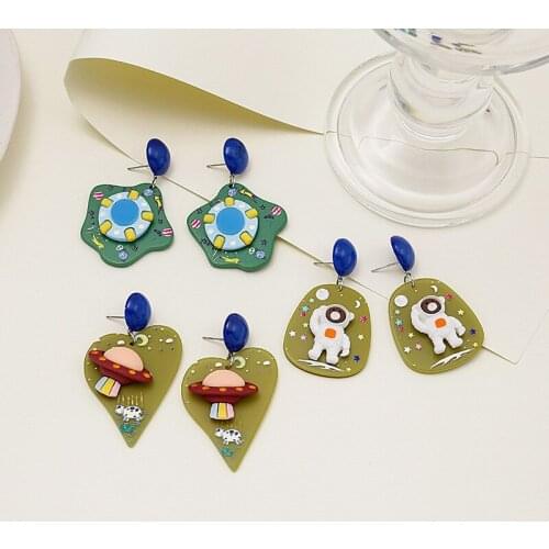 New Design Cute Astronaut UFO Pendant Earrings For Women Girls Cartoon Geometric Charms Acrylic Stud Ear Jewelry Party Gifts