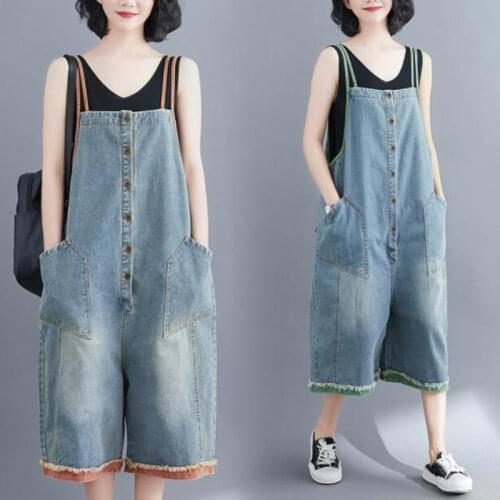 #2367 Vintage Wide Leg Jumpsuit Women Loose Spaghetti Strap Denim Overalls Ladies Calf-length Retro Rompers Jumpsuits Summer
