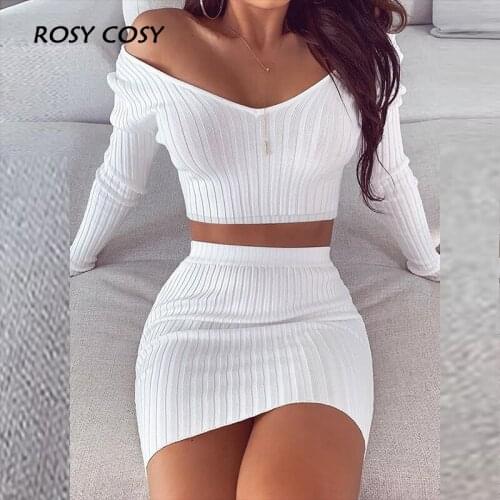 Autumn Women Matching V-Neck Crop Tops & Skirts Casual Solid Elastic Ribbe Streetwear Set Sexy Knitted Short Skirts Femme Outfit