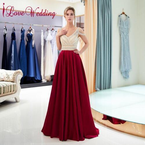 ILoveWedding Formal Gown V Neck Unique Sleeves Wine Red Satin Custom made Sexy Back Robe De Soiree Longue 2018 Long Dresses