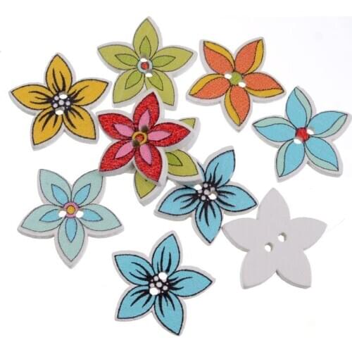 Free shipping 10pcs Random Mixed Color Wood Buttons 2 Holes Flower Shape Sewing Scrapbooking 19x19mm F1635