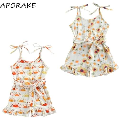 2021 0-4Y Summer Toddler Baby Girl Romper Cartoon Sun/Sunflower Print Sleeveless Button Bandange Jumpsuit Playsuit With Belt