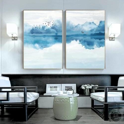 Watercolor Blue Sky Mountain Lake Landscape Canvas Painting Animals and Nature Poster Chinese Wall Art Pictures for Home Decor