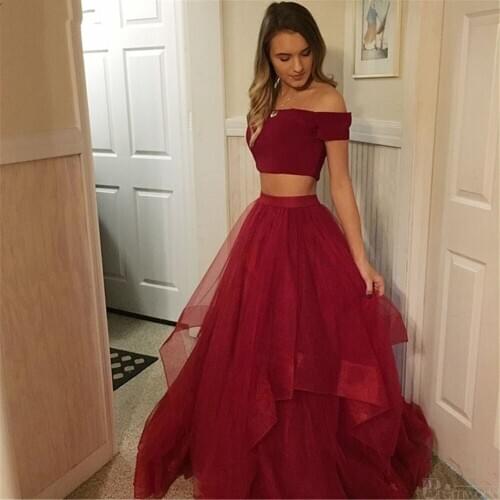 Burgundy 2 Piece Prom Dresses Boat Neck Short Sleeve A Line Tulle Long Prom Gown Cheap Evening Party Dress Robe De Soiree