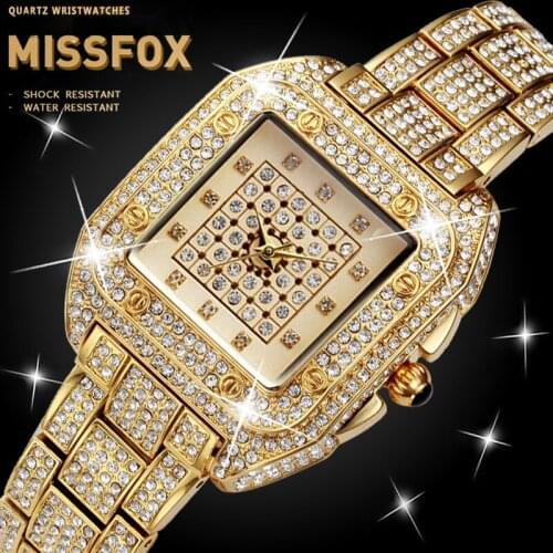 MISSFOX Men Watches Iced Out Santos Gold Watch Men Square Diamond Top Brand Luxury Male Watch Waterproof Fashion Wristwatch 2020