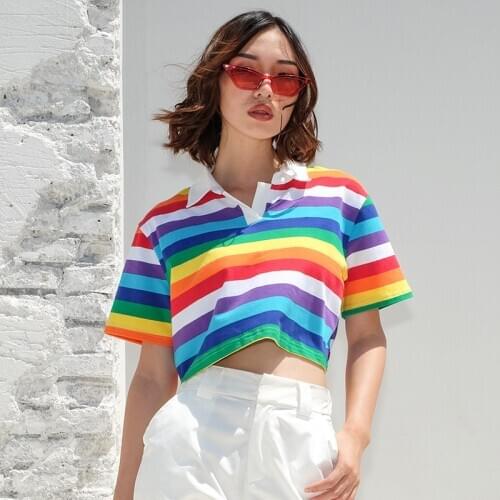 Womens T-shirts Summer Rainbow Half High Collar Lapel Shirt Sexy Show Your Navel CropTop ShortSleeve Slim Tees Female