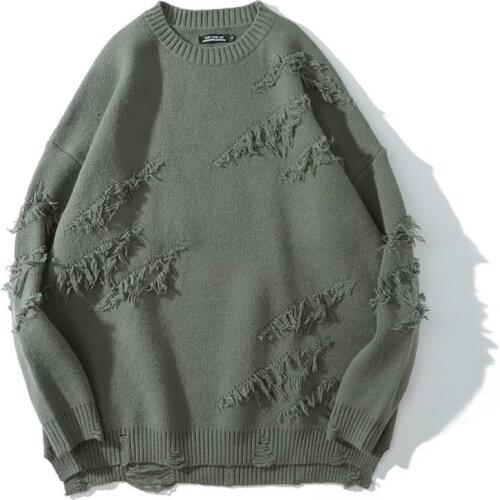 High Street Hole Worn Pullover Sweater Men Autumn Loose Lazy Style O-Neck Casual Knitted Hip Hop Couple Solid Color Sweater Coat