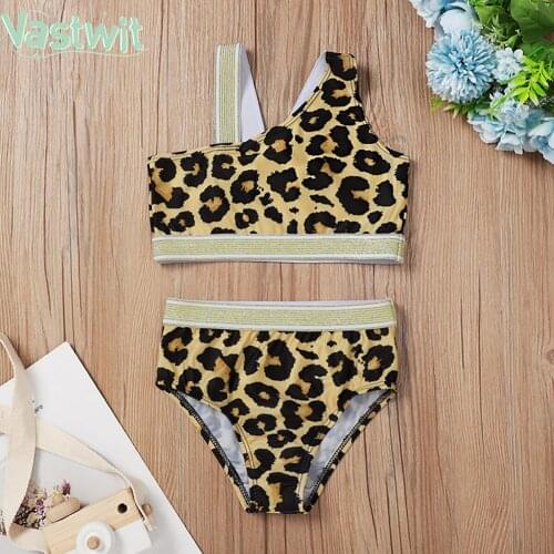 2pcs Toddler Kids Baby Girls Leopard Off-shoulder Cute Bikini Set Swimwear Swimsuit Bathing Suit Beachwear Costume Clothing