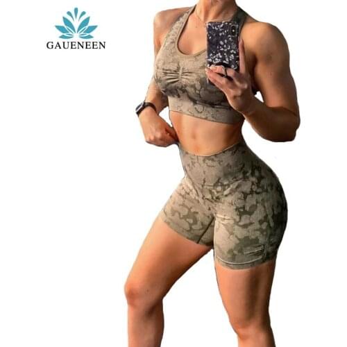 GAUENEEN Camo Seamless Shorts Sets For Women Workout Summer Clothes Racer Back Crop Top 2 Piece Gym Clothing Outfit Yoga Set