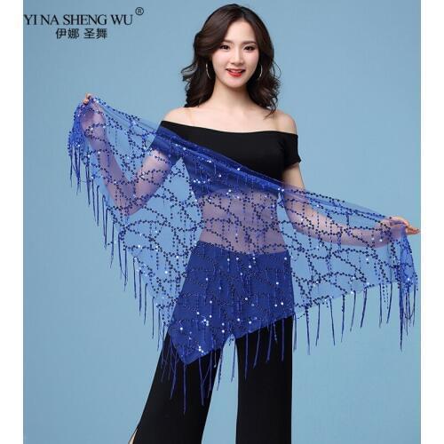 Belly Dance Costumes Sequin Hip Scarf Stretchy Long Tassel Belly Dancing Belt Shawl Accessories Performance Training Props