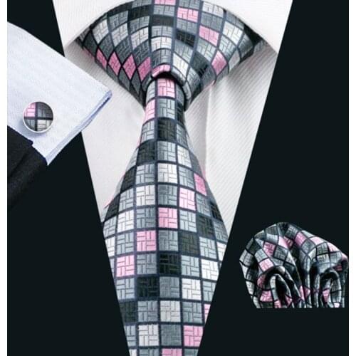 LS-482 Hot Men`s Tie 100% Silk Plaid Jacquard Woven Classic Gravata Tie+Hanky+Cufflinks Set For Formal Wedding Business Party
