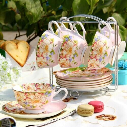 6pcs Coffee Cup and Saucer Set with Metal Rack Ceramic European Afternoon Tea Tea Set Fashion Household Bone China Coffee Ware
