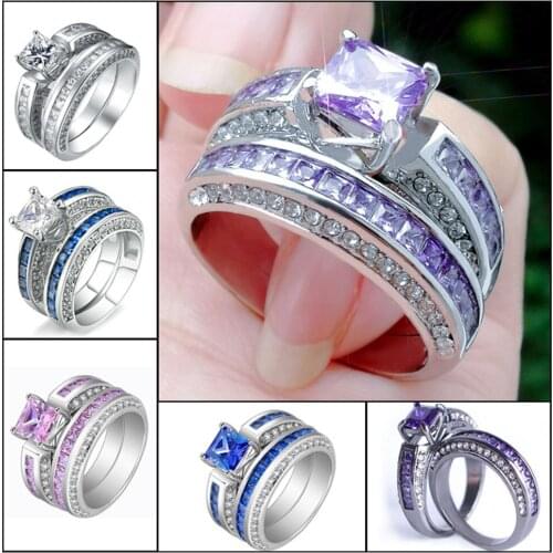 New fashion, concise and generous ladies wedding ring set with zircon, white diamonds and blue diamonds, 6 colors